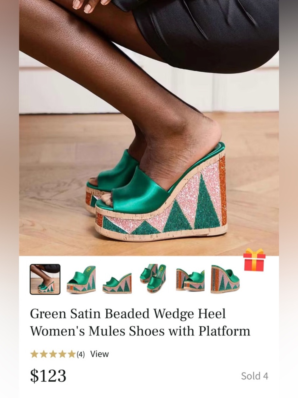 FSJ Green Satin Beaded Geometric Wedge Mules